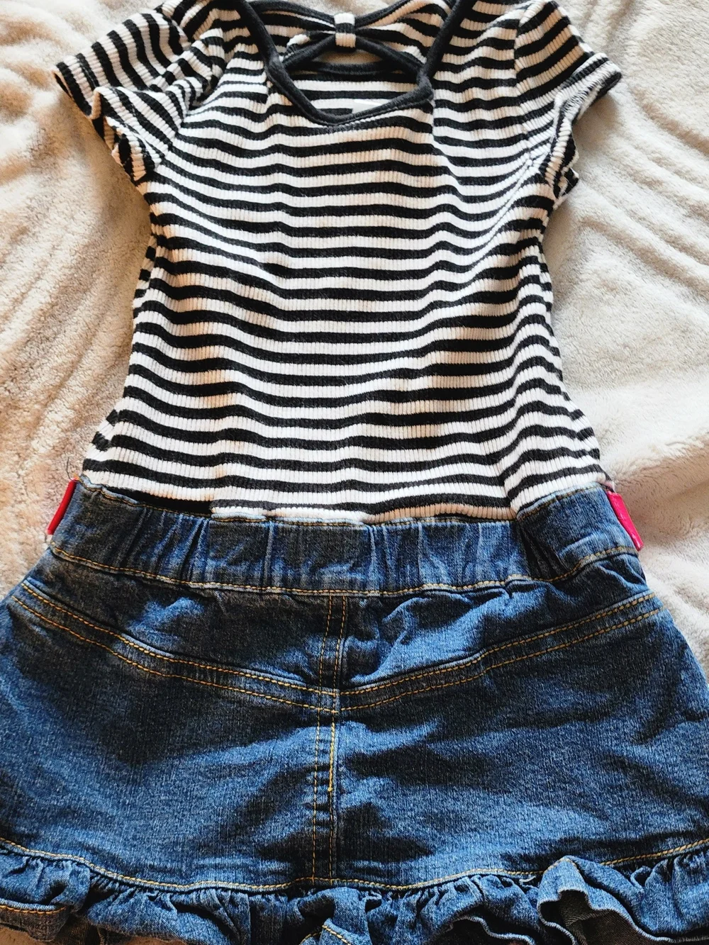 Girls Black & White Striped Floral Appliqué Denim Skirt Dress with Pink Belt